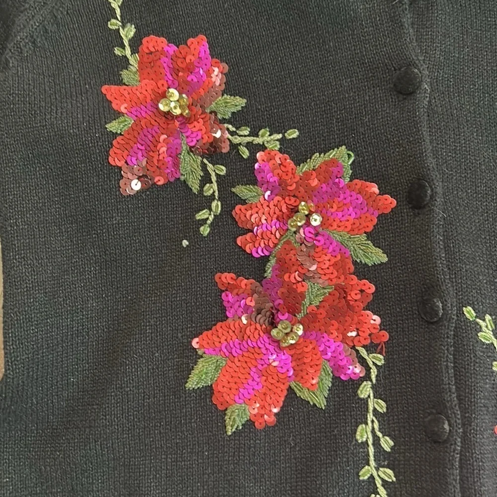 Tiara International Christmas Collection Poinsettia Blk Cardigan Sequin Beads L